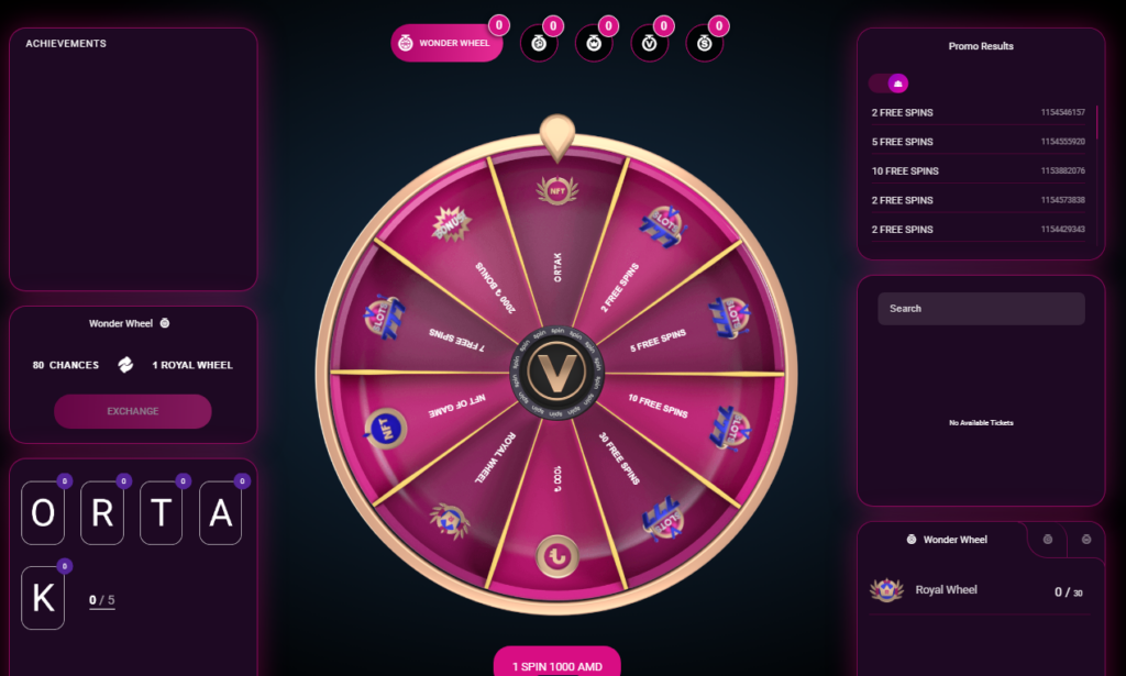 Interface de la Roue Wonder Vbet